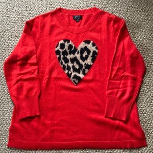 J.Crew 100% cashmere deep orange long sleeve sweater with leopard heart.